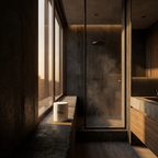 Modern bathroom with shower and large windows, featuring the brand 'Filtr'.