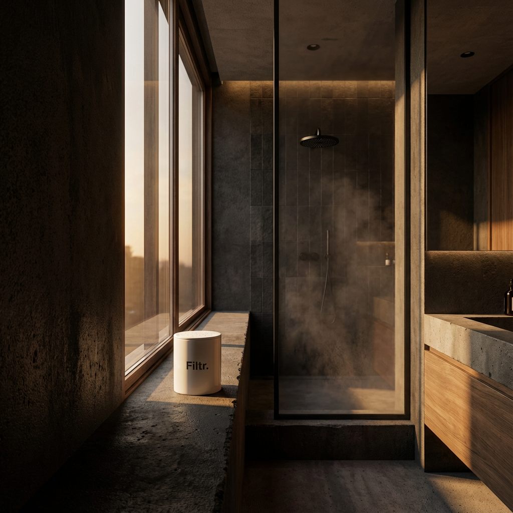 Modern bathroom with shower and large windows, featuring the brand 'Filtr'.